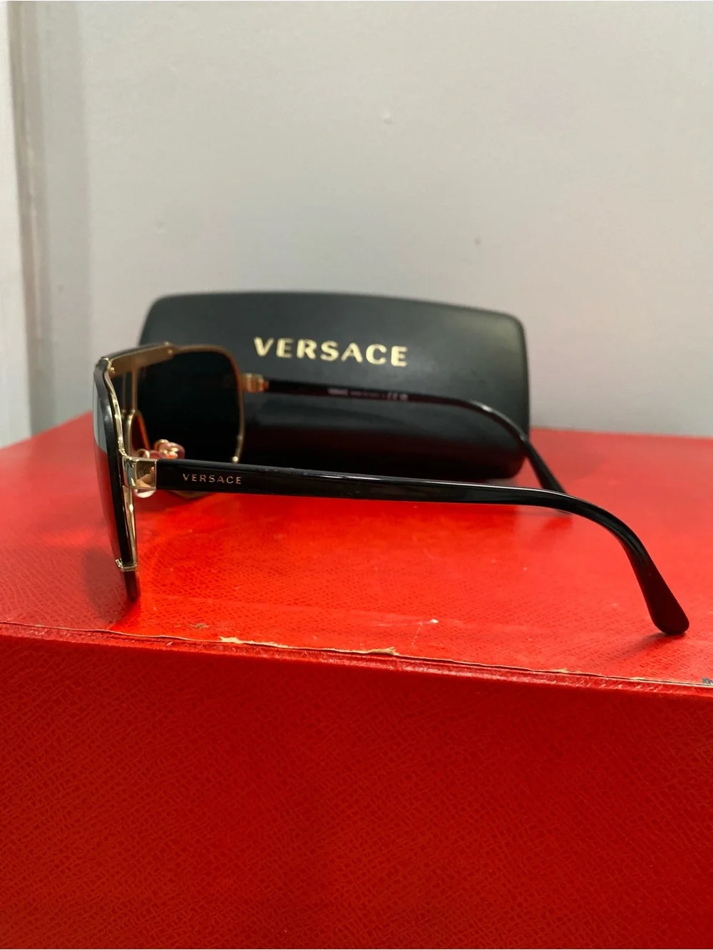 Versace 2140 1002/87 135 3N Black/Gold Aviator Sunglasses w OG Case